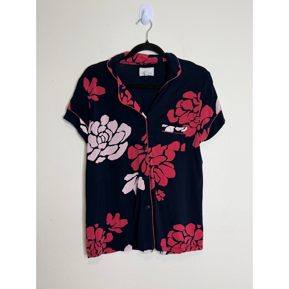 The Cat's Pajamas Women's Navy Blue Pink Floral Button Down Pajama Set S